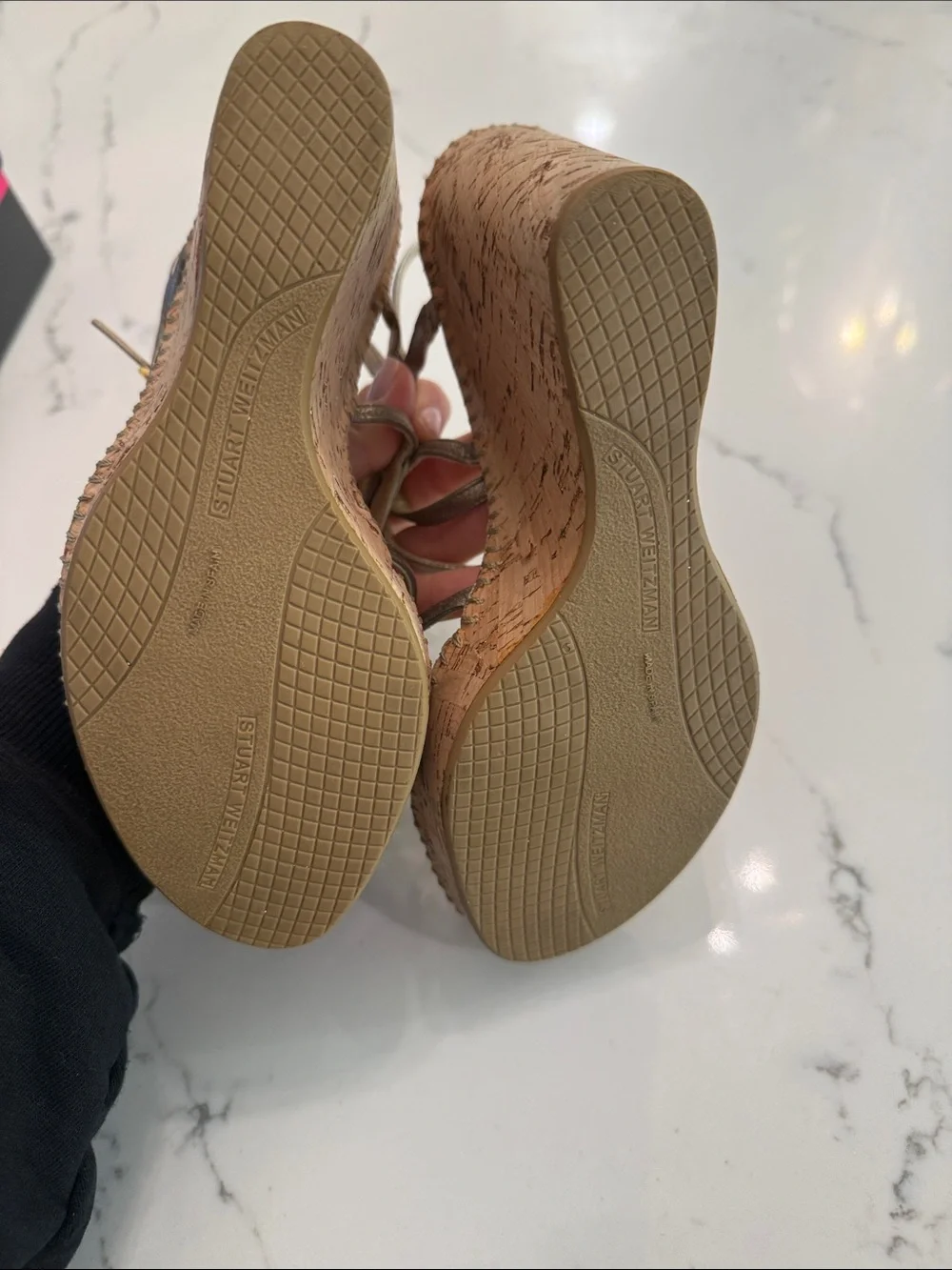 Stuart Weitzman Neutral Metallic Strappy Cork Wedge Sandals - size 7.5 - Picture 5 of 7